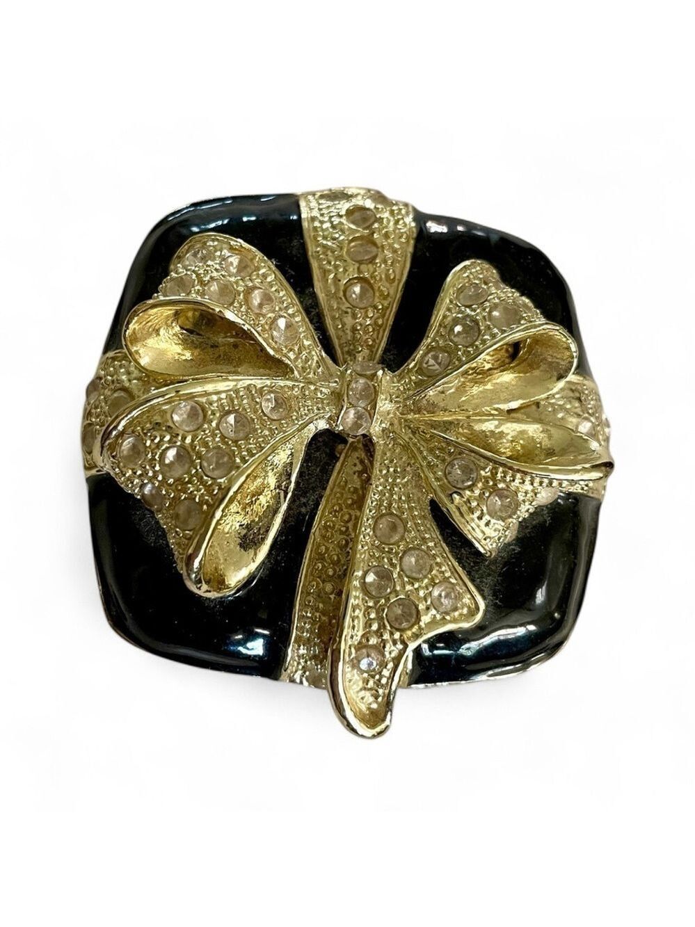 Gold and Black Bow Trinket Box, Black w/Gold Bow w/ Rhinestones Present